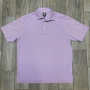 FootJoy Polo Shirt Mens L Pink Blue Striped Short Sleeve Golf Stretch FJ Logo